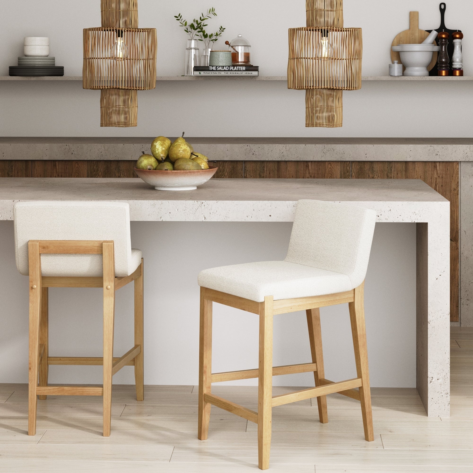 Tabouret de bar moderne Gracie, chaise rembourrée en boucle et pieds en bois brossé