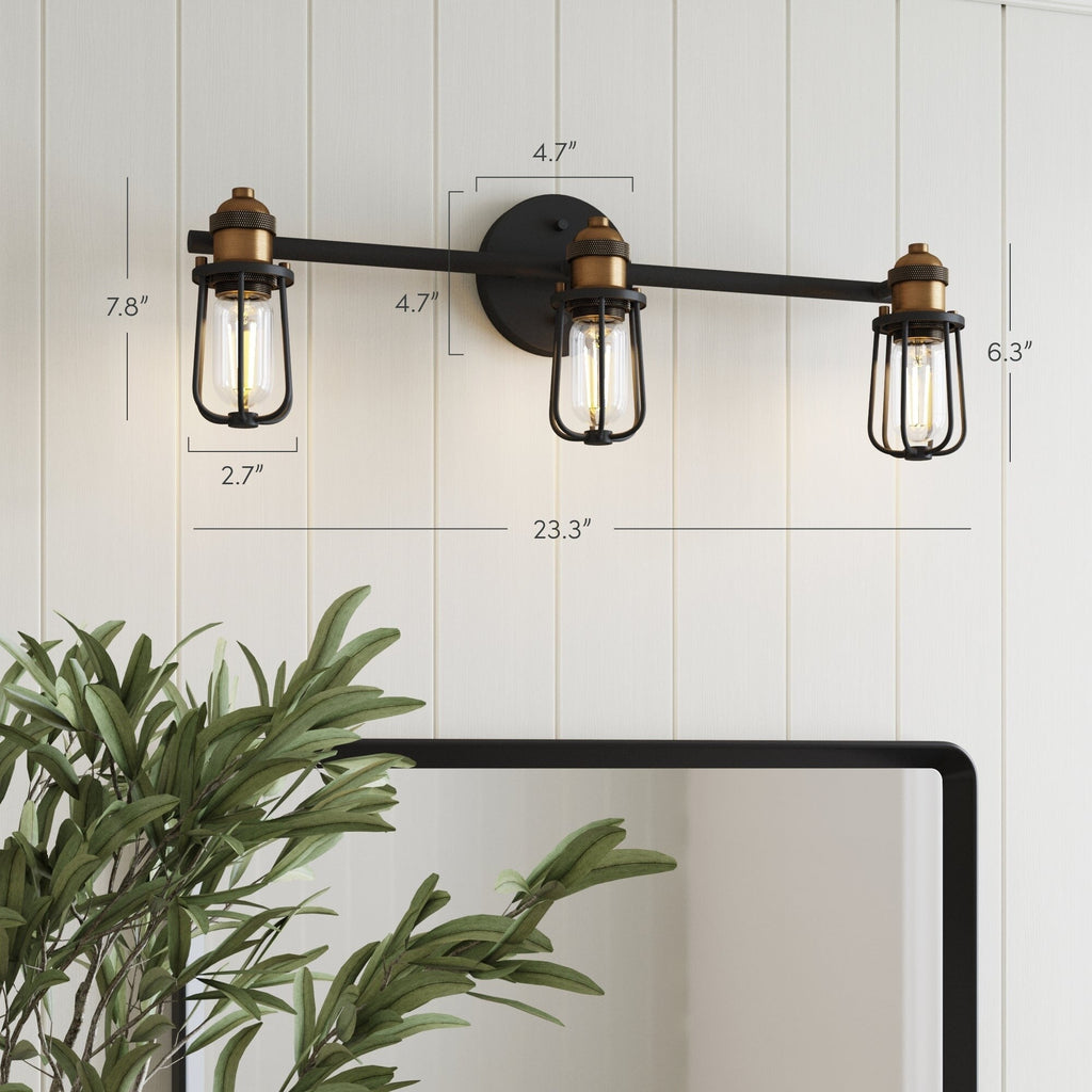 Applique murale d'intérieur Nathan James Rori Vanity à 3 lumières pour salle de bain avec applique cage de ferme et détails en laiton