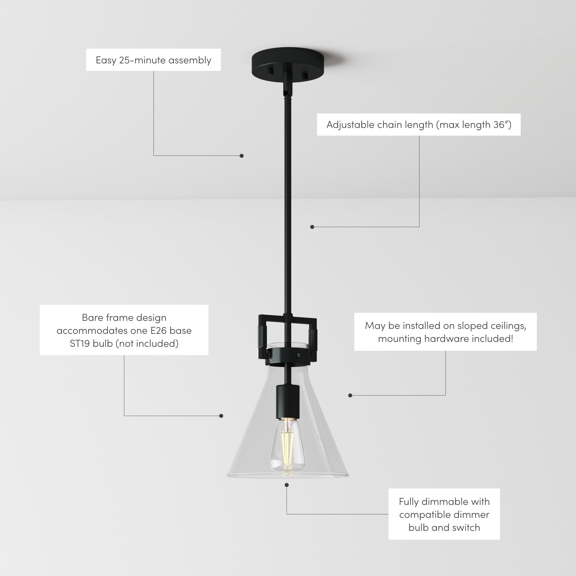 Suspension en verre Nathan James Vincent, luminaire suspendu avec tige réglable et abat-jour transparent