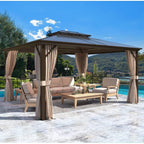 Gazebo à toit rigide EROMMY, pergola d'extérieur avec double toit, filet et rideaux, auvent robuste pour patio, arrière-cour, fête au bord de la piscine