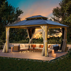 Gazebo à toit rigide EROMMY, pergola d'extérieur avec double toit, filet et rideaux, auvent robuste pour patio, arrière-cour, fête au bord de la piscine