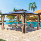 Gazebo à toit rigide EROMMY, pergola d'extérieur avec double toit, filet et rideaux, auvent robuste pour patio, arrière-cour, fête au bord de la piscine