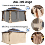 Gazebo à toit rigide EROMMY, pergola d'extérieur avec double toit, filet et rideaux, auvent robuste pour patio, arrière-cour, fête au bord de la piscine