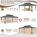 Gazebo à toit rigide EROMMY, pergola d'extérieur avec double toit, filet et rideaux, auvent robuste pour patio, arrière-cour, fête au bord de la piscine