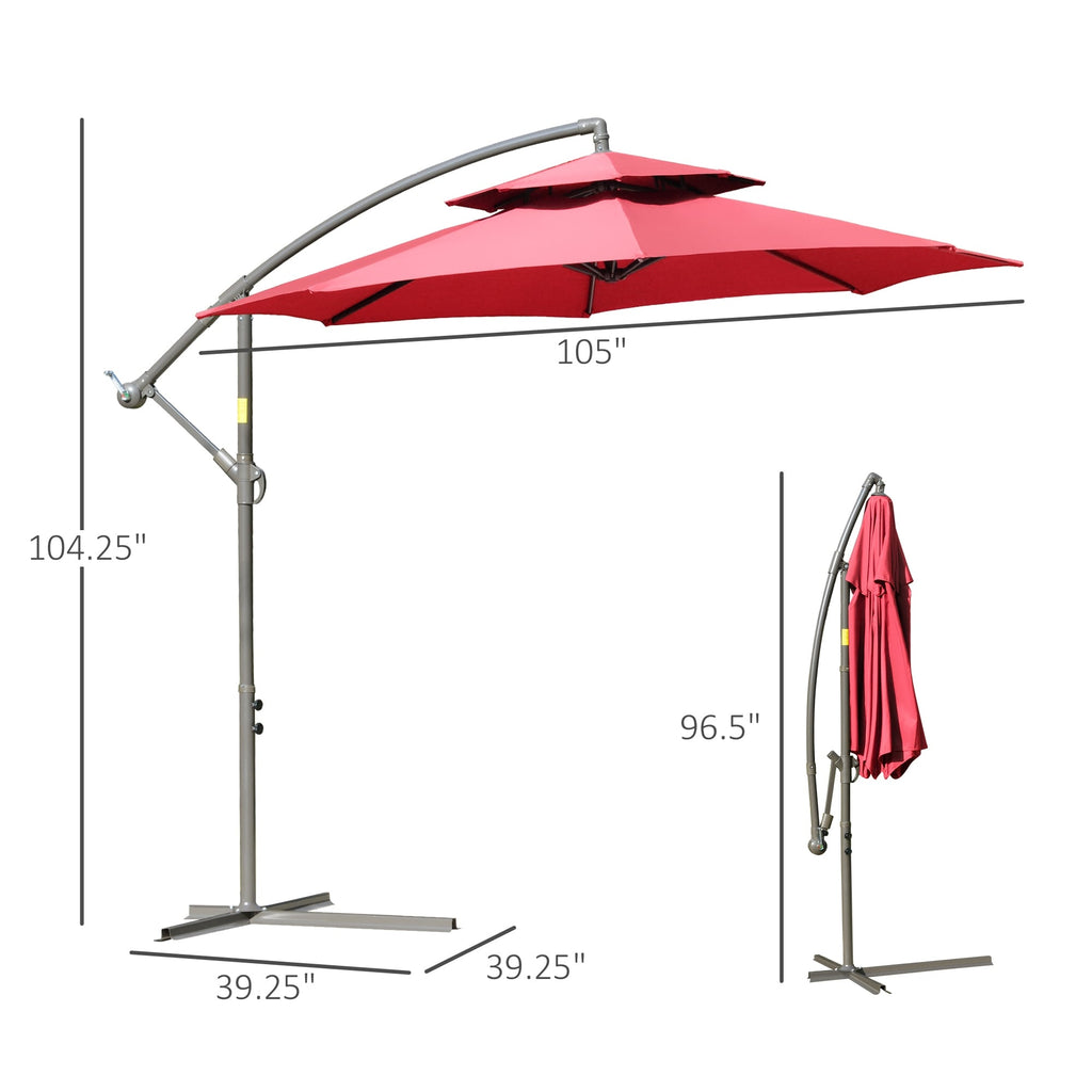 Parasol déporté Outsunny 9' à 2 niveaux avec manivelle, base croisée et 8 baleines, parasol de jardin déporté pour terrasse