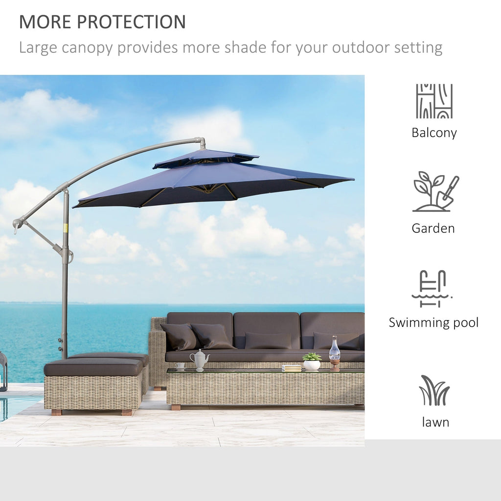 Parasol déporté Outsunny 9' à 2 niveaux avec manivelle, base croisée et 8 baleines, parasol de jardin déporté pour terrasse