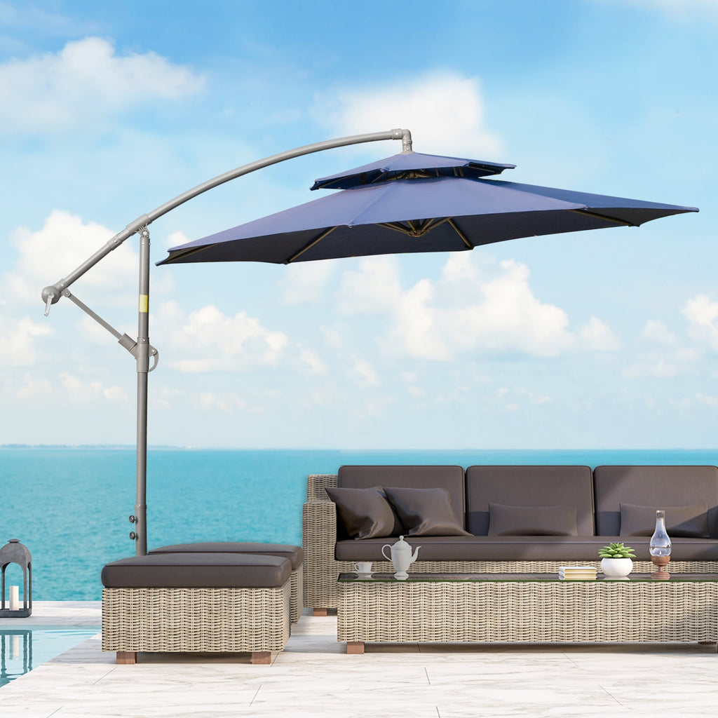 Parasol déporté Outsunny 9' à 2 niveaux avec manivelle, base croisée et 8 baleines, parasol de jardin déporté pour terrasse