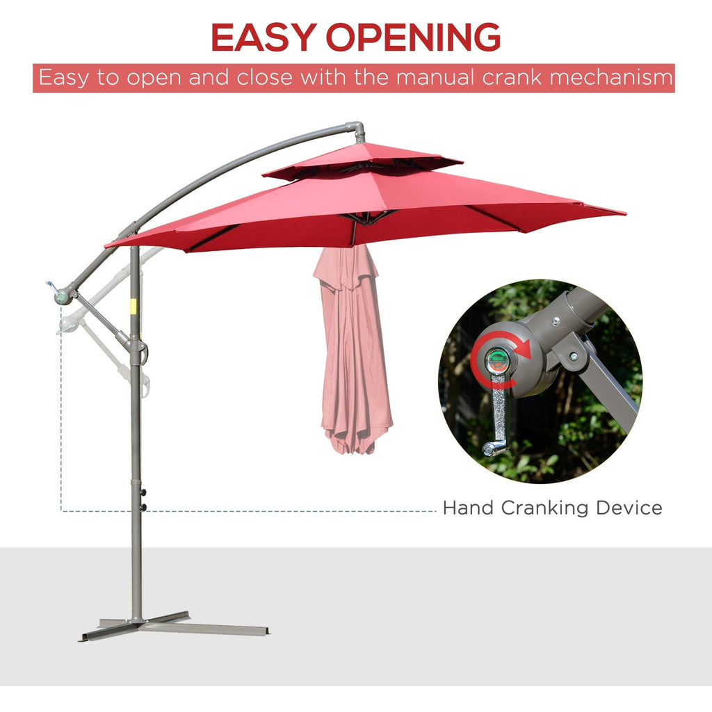 Parasol déporté Outsunny 9' à 2 niveaux avec manivelle, base croisée et 8 baleines, parasol de jardin déporté pour terrasse