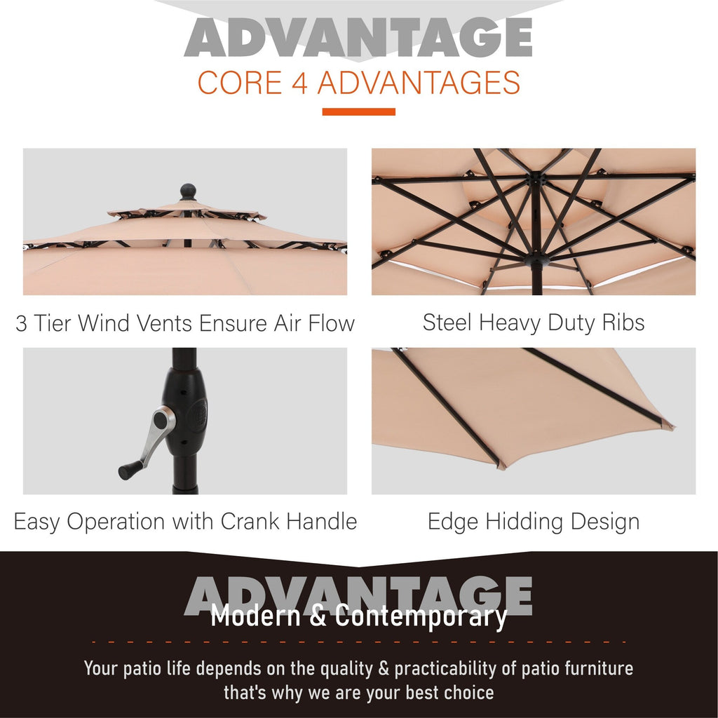 Parasol d'extérieur à 3 niveaux de 10 pieds de MAISON ARTS, compatible avec la plupart des tables de patio avec ventilation, inclinaison automatique et manivelle de levage