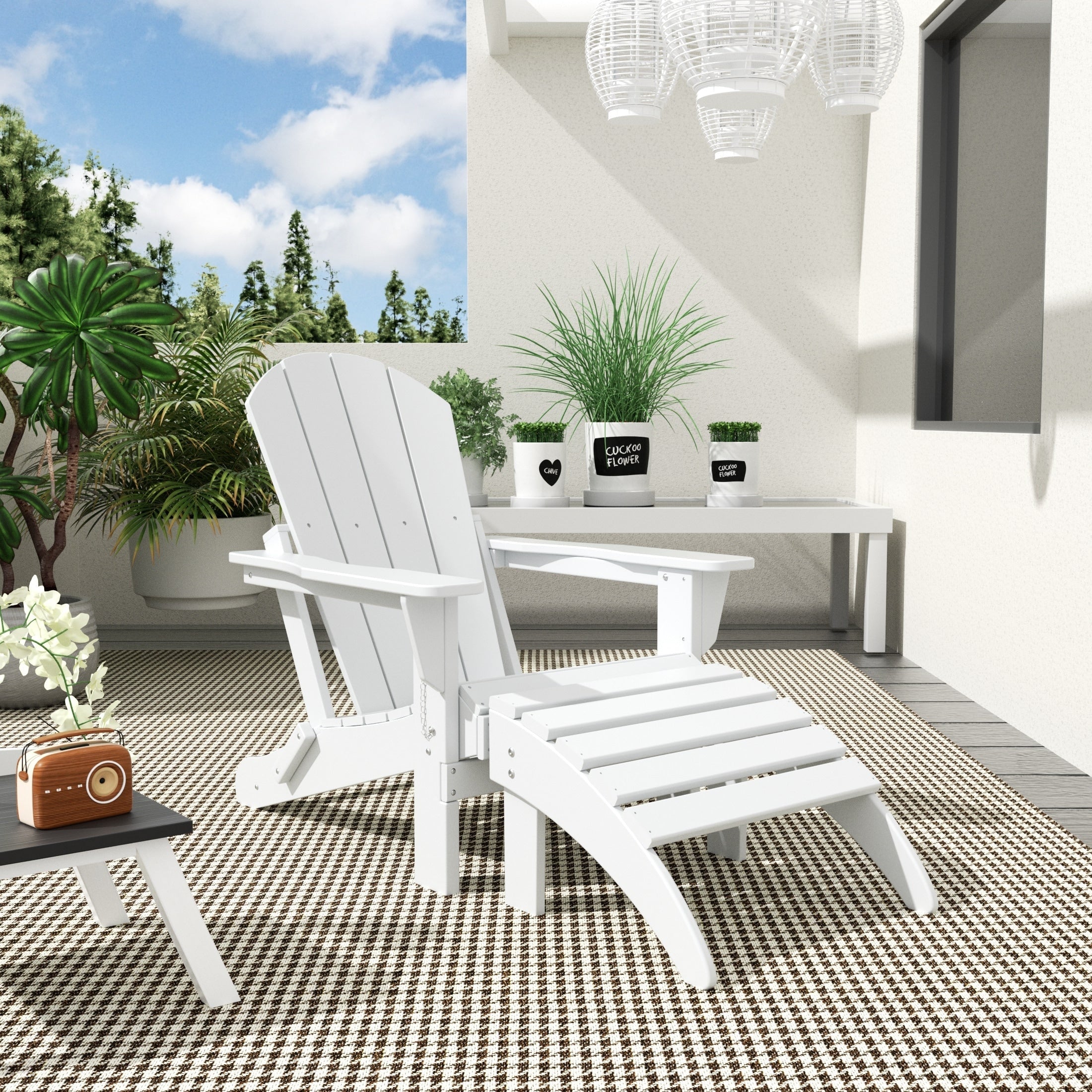 Chaise Adirondack pliable Polytrends Laguna en PEHD pour terrasse extérieure toutes saisons avec pouf (ensemble 2 pièces)