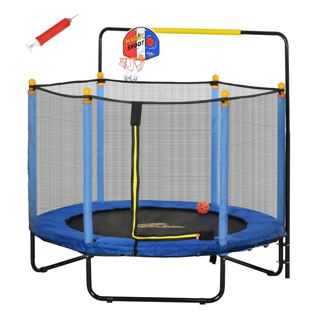 Trampoline Qaba pour enfants de 4,6 pi avec panier de basket, barre horizontale et trampoline d'intérieur de 55 po avec filet