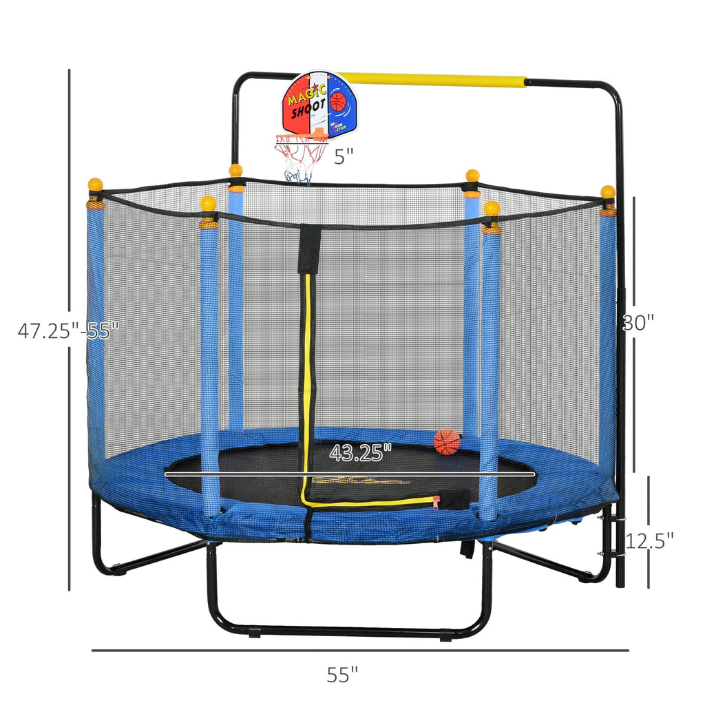 Trampoline Qaba pour enfants de 4,6 pi avec panier de basket, barre horizontale et trampoline d'intérieur de 55 po avec filet