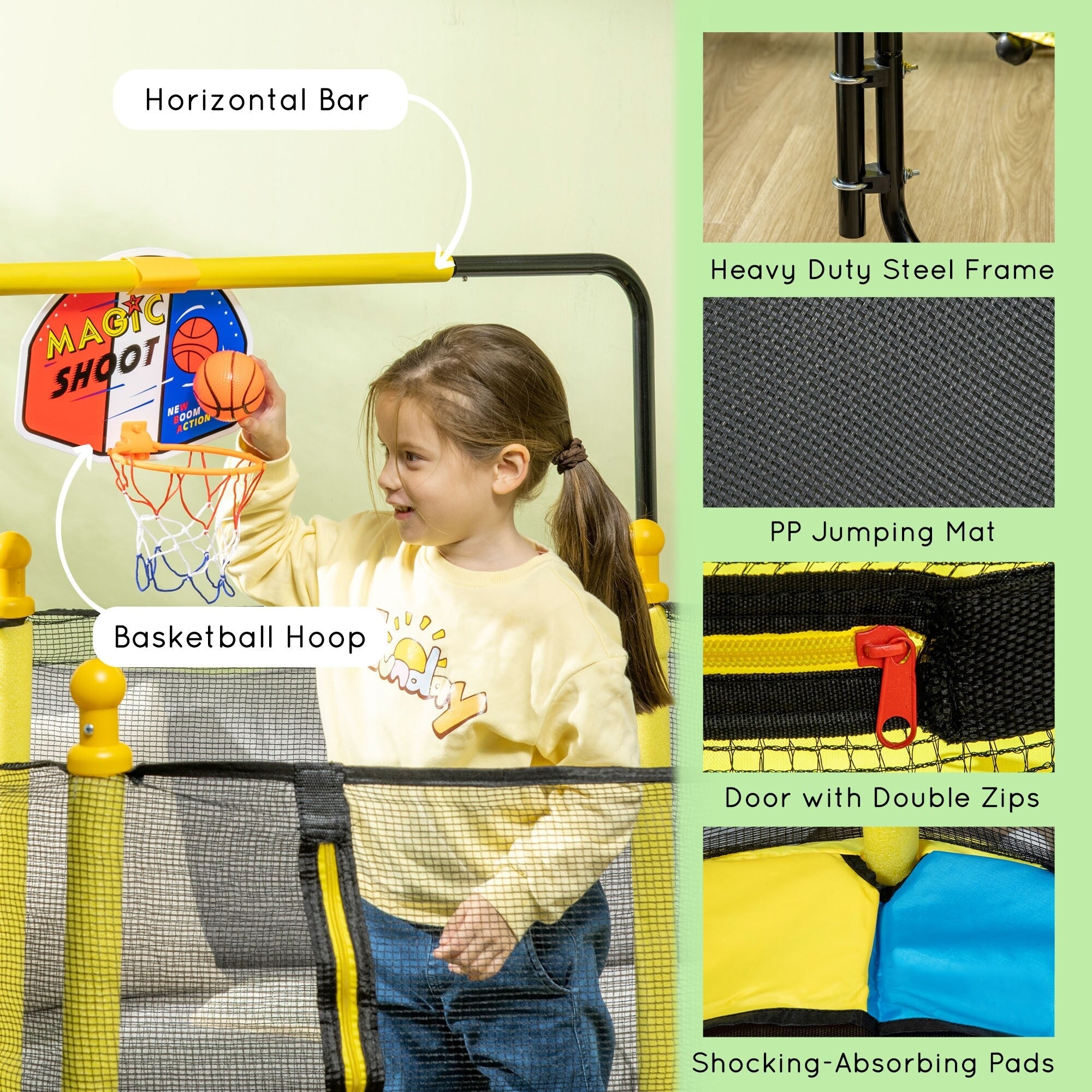 Trampoline Qaba pour enfants de 4,6 pi avec panier de basket, barre horizontale et trampoline d'intérieur de 55 po avec filet