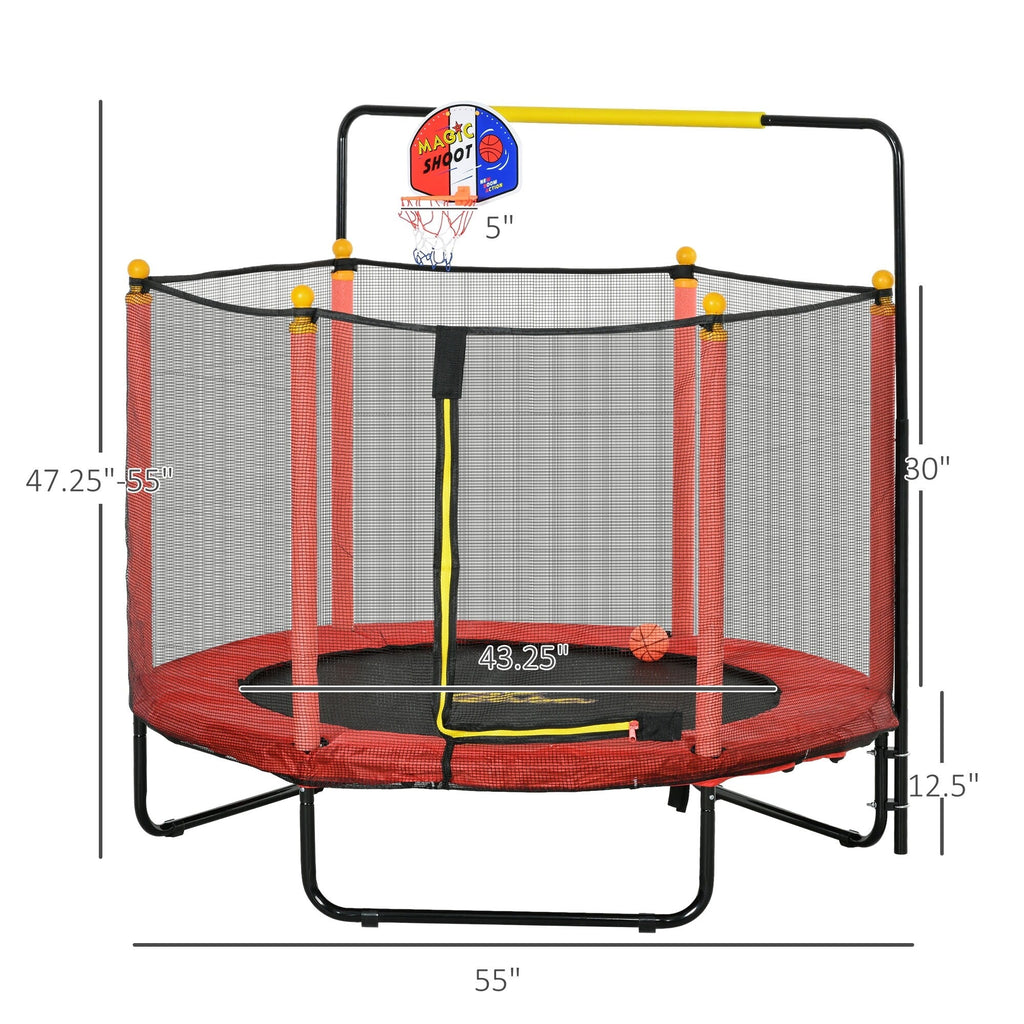Trampoline Qaba pour enfants de 4,6 pi avec panier de basket, barre horizontale et trampoline d'intérieur de 55 po avec filet
