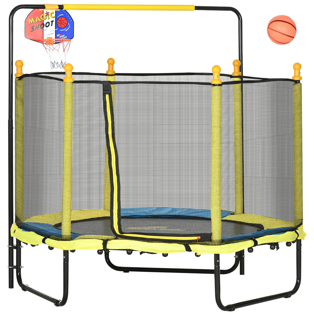 Trampoline Qaba pour enfants de 4,6 pi avec panier de basket, barre horizontale et trampoline d'intérieur de 55 po avec filet