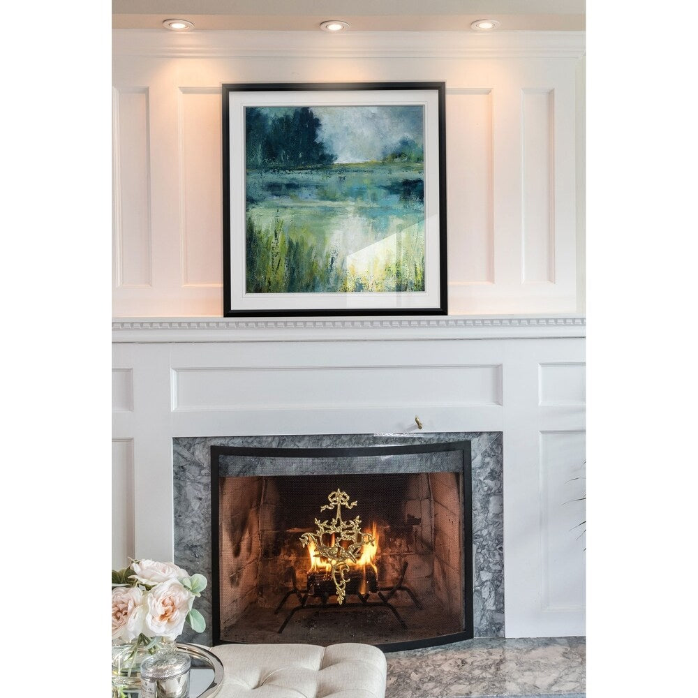 Reflections Edge - Impression encadrée personnalisée - bleu, blanc, gris, jaune, vert, argent, or