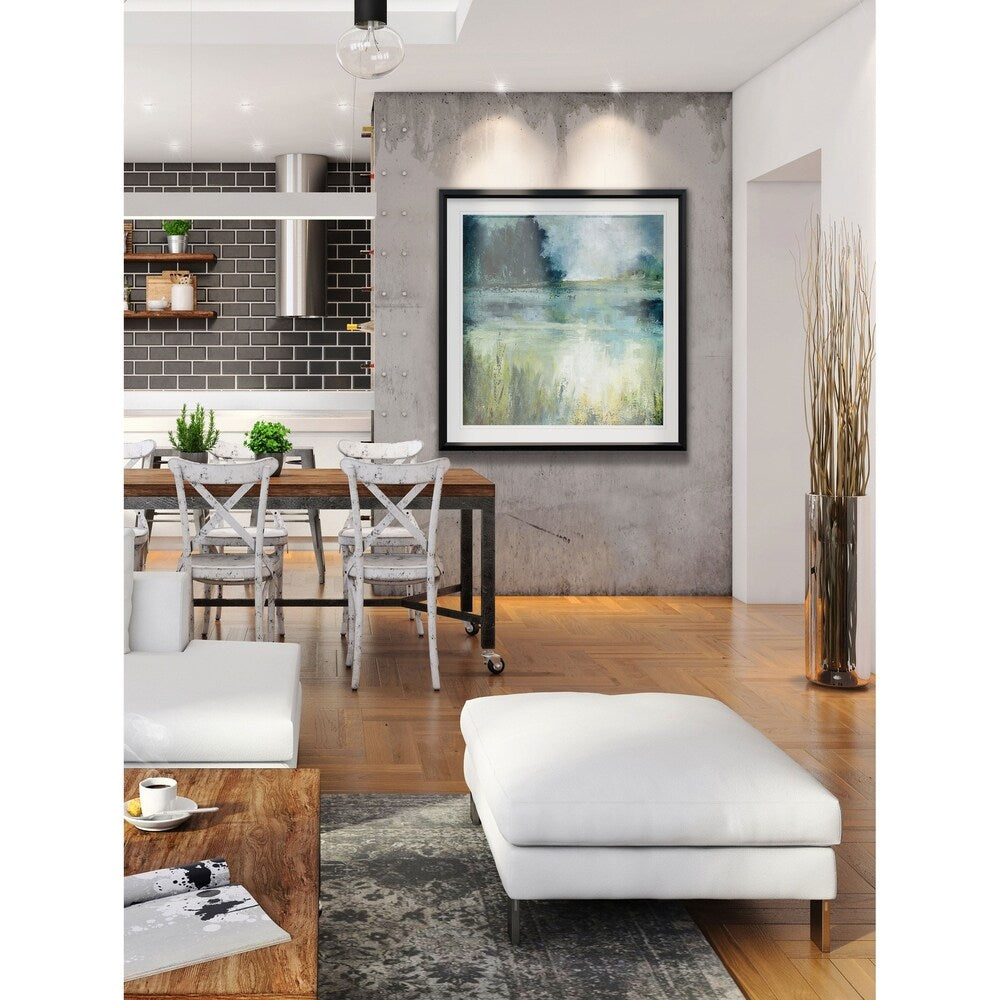 Reflections Edge - Impression encadrée personnalisée - bleu, blanc, gris, jaune, vert, argent, or