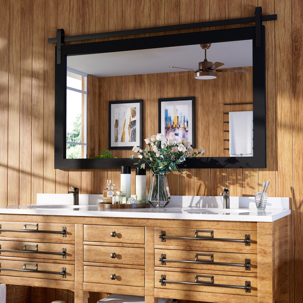 Miroir de ferme rustique Miroir de courtoisie Cadre en bois massif avec miroir de style grange en métal