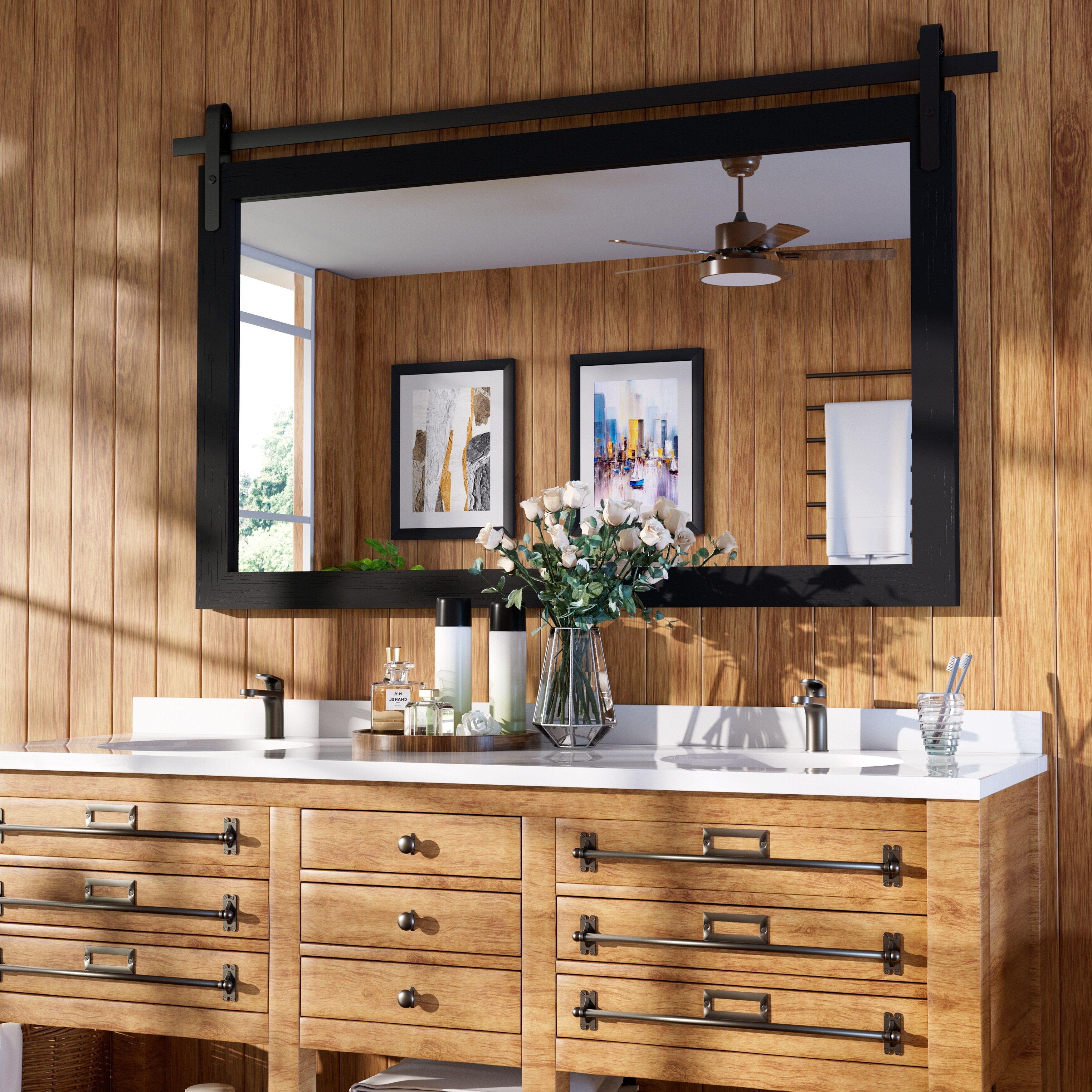 Miroir de ferme rustique Miroir de courtoisie Cadre en bois massif avec miroir de style grange en métal