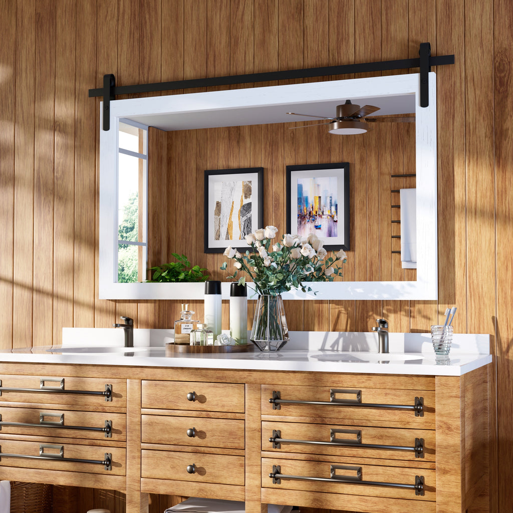 Miroir de ferme rustique Miroir de courtoisie Cadre en bois massif avec miroir de style grange en métal