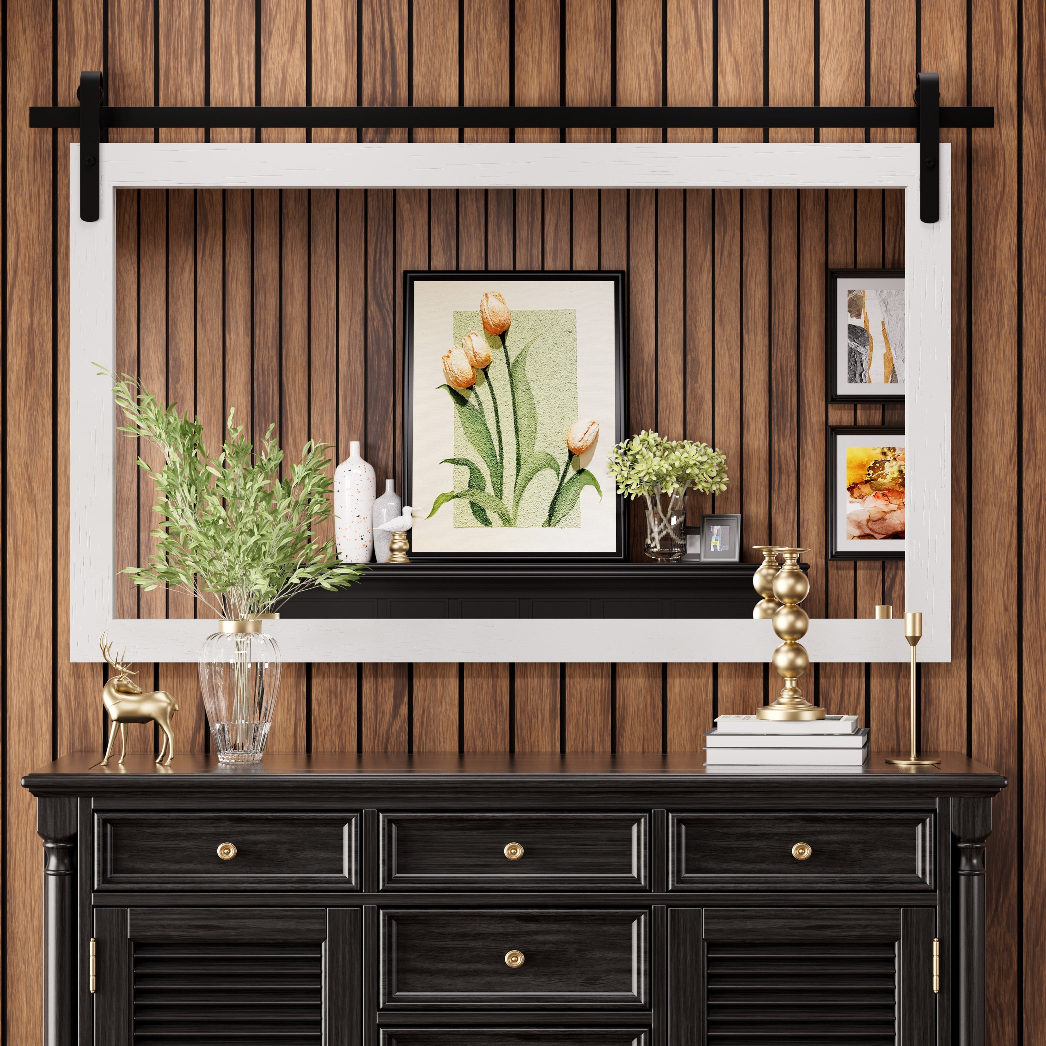 Miroir de ferme rustique Miroir de courtoisie Cadre en bois massif avec miroir de style grange en métal