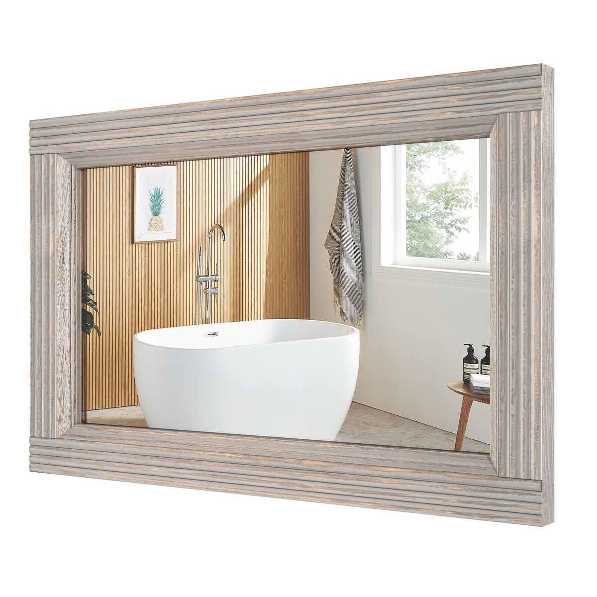 Miroir de salle de bain plat avec cadre en bois massif