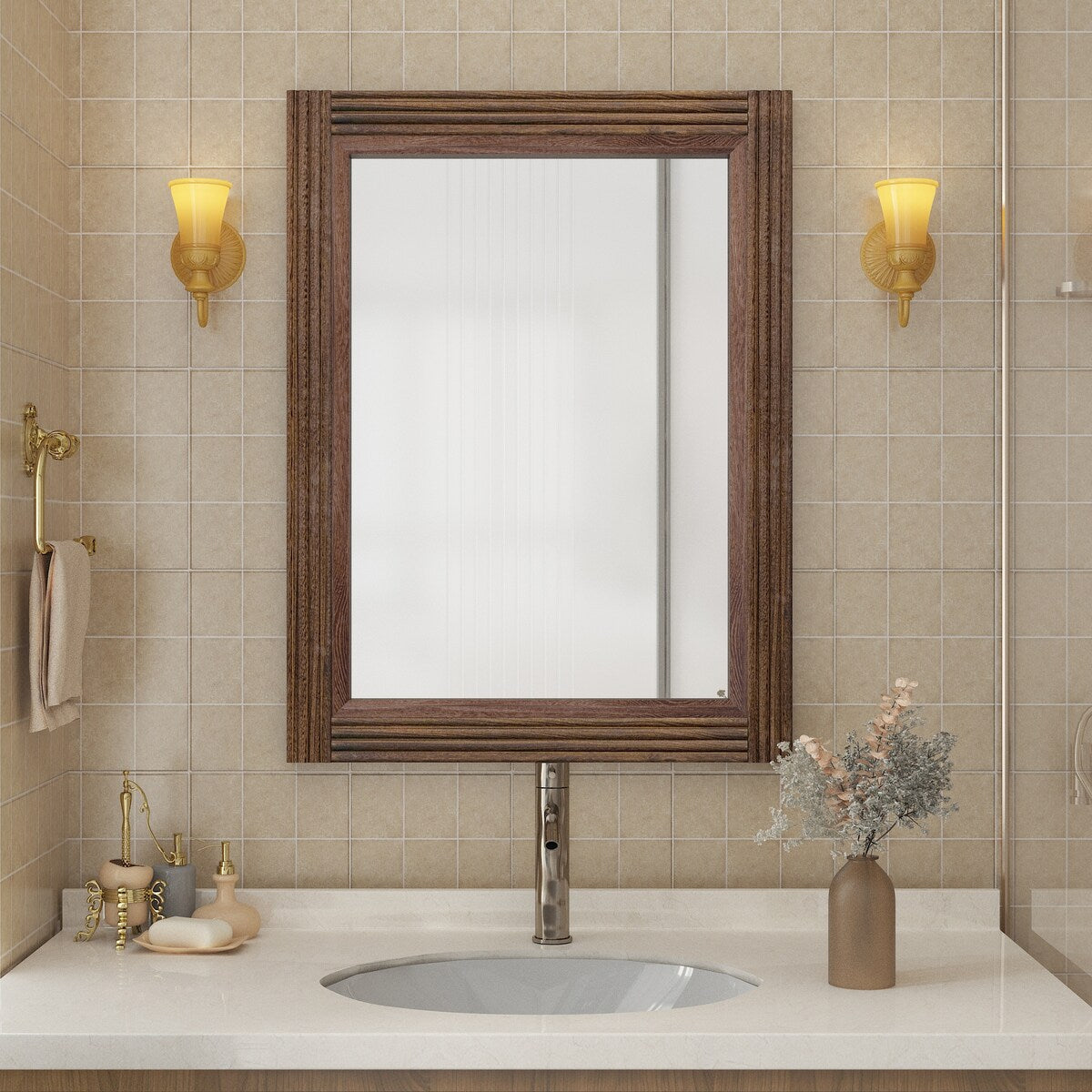 Miroir de salle de bain plat avec cadre en bois massif