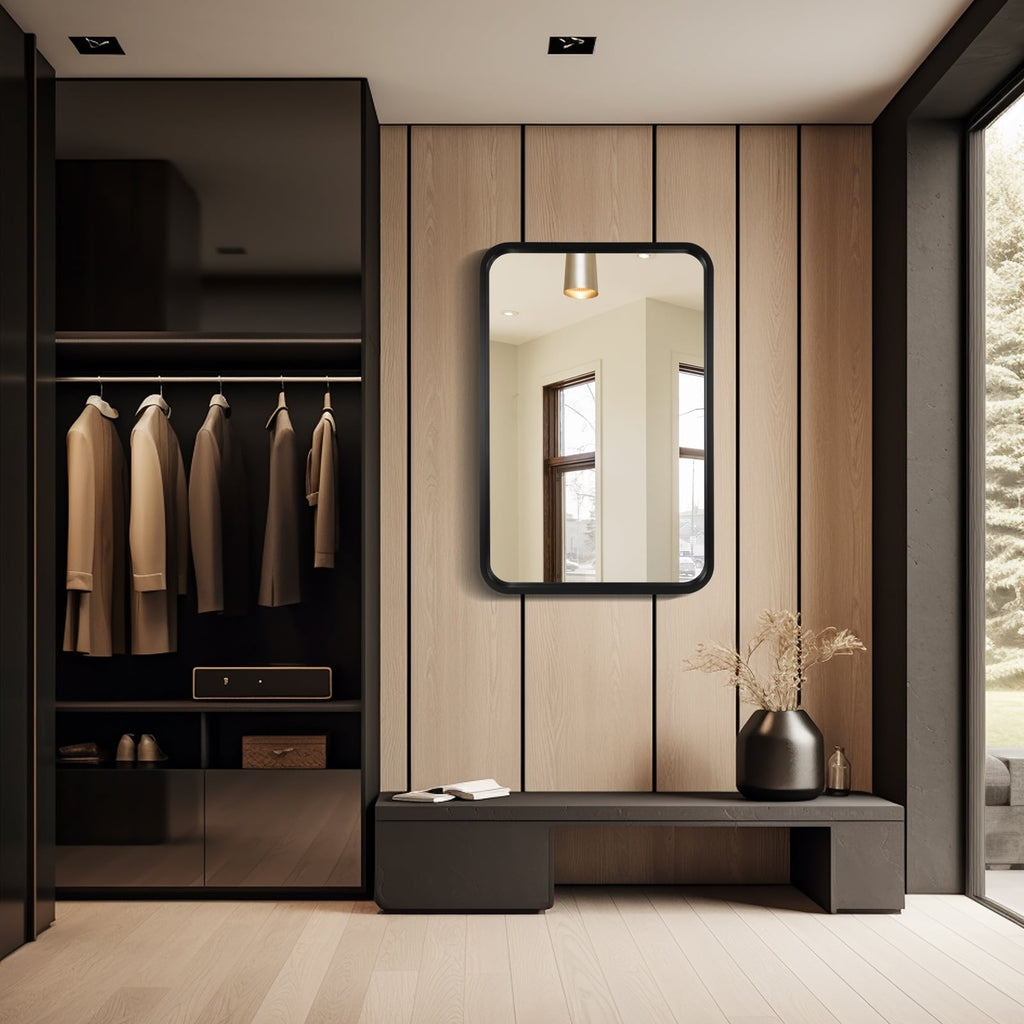 Miroir mural rectangulaire d'angle rond avec cadre en bois massif