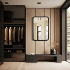 Miroir mural rectangulaire d'angle rond avec cadre en bois massif