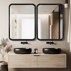 Miroir mural rectangulaire d'angle rond avec cadre en bois massif