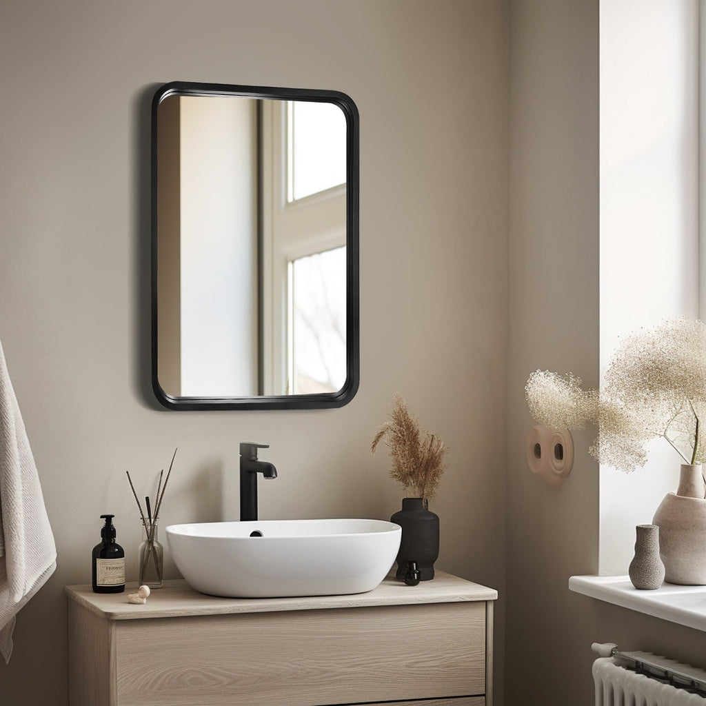 Miroir mural rectangulaire d'angle rond avec cadre en bois massif