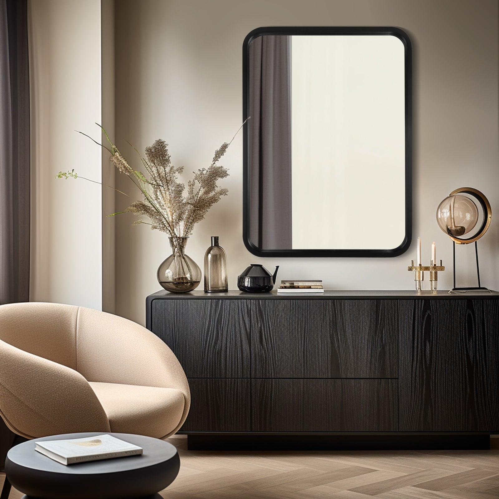 Miroir mural rectangulaire d'angle rond avec cadre en bois massif