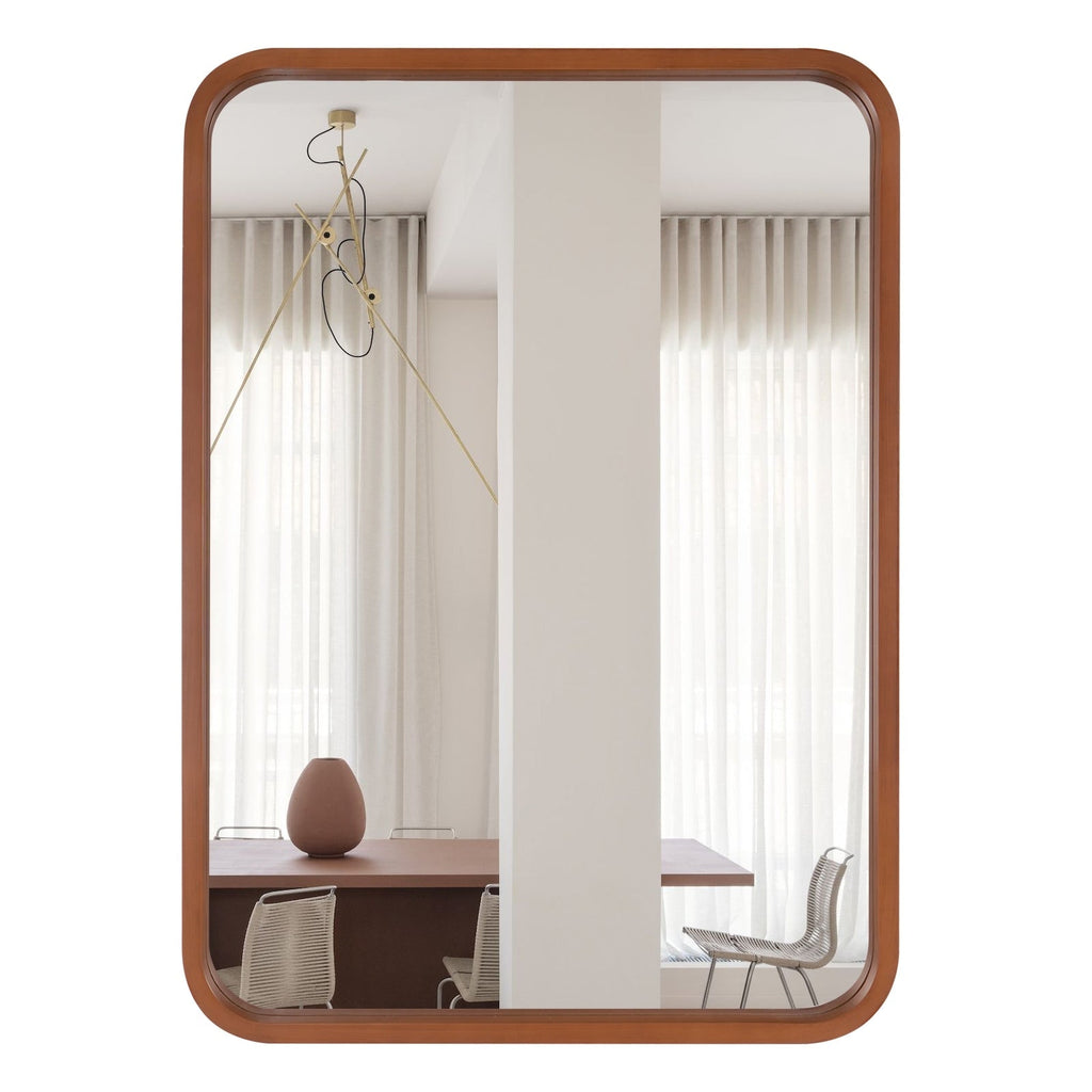 Miroir mural rectangulaire d'angle rond avec cadre en bois massif