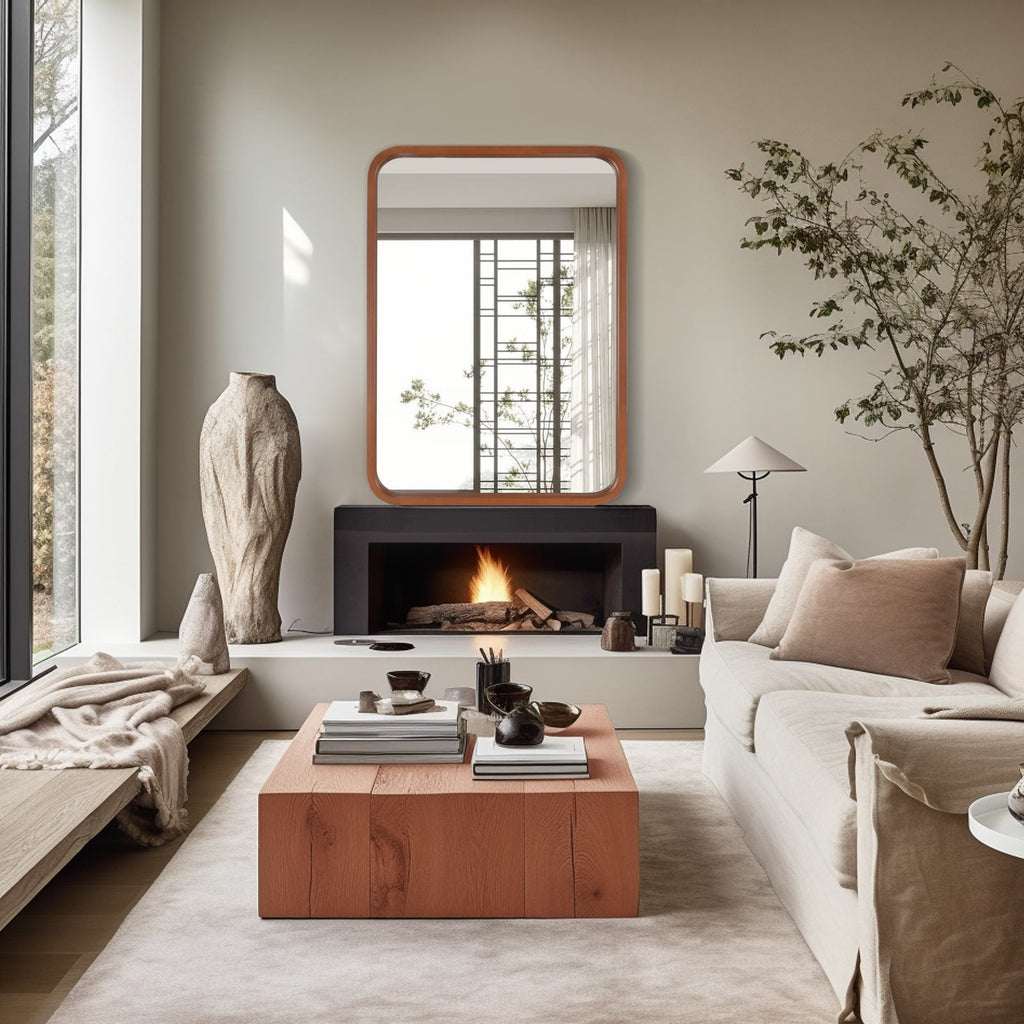 Miroir mural rectangulaire d'angle rond avec cadre en bois massif