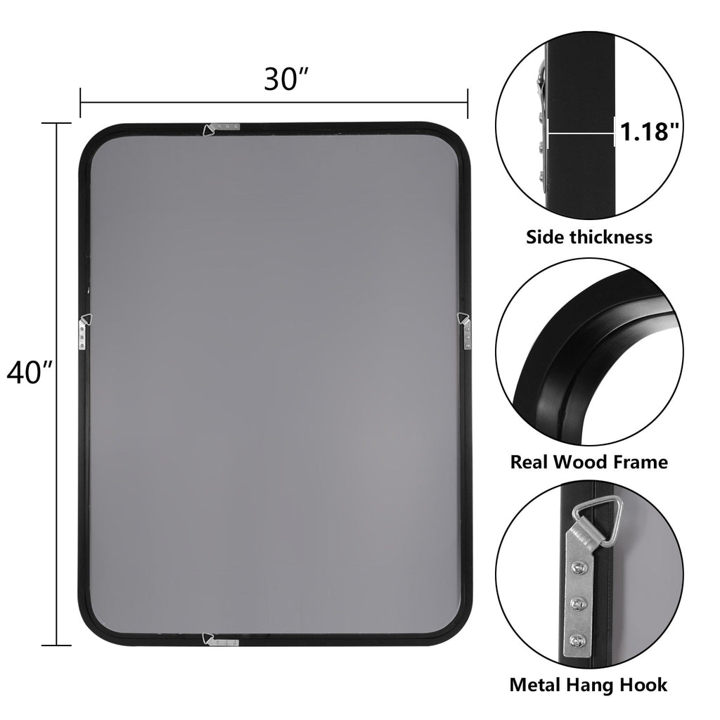 Miroir mural rectangulaire d'angle rond avec cadre en bois massif