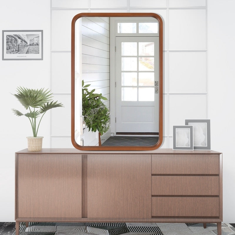 Miroir mural rectangulaire d'angle rond avec cadre en bois massif