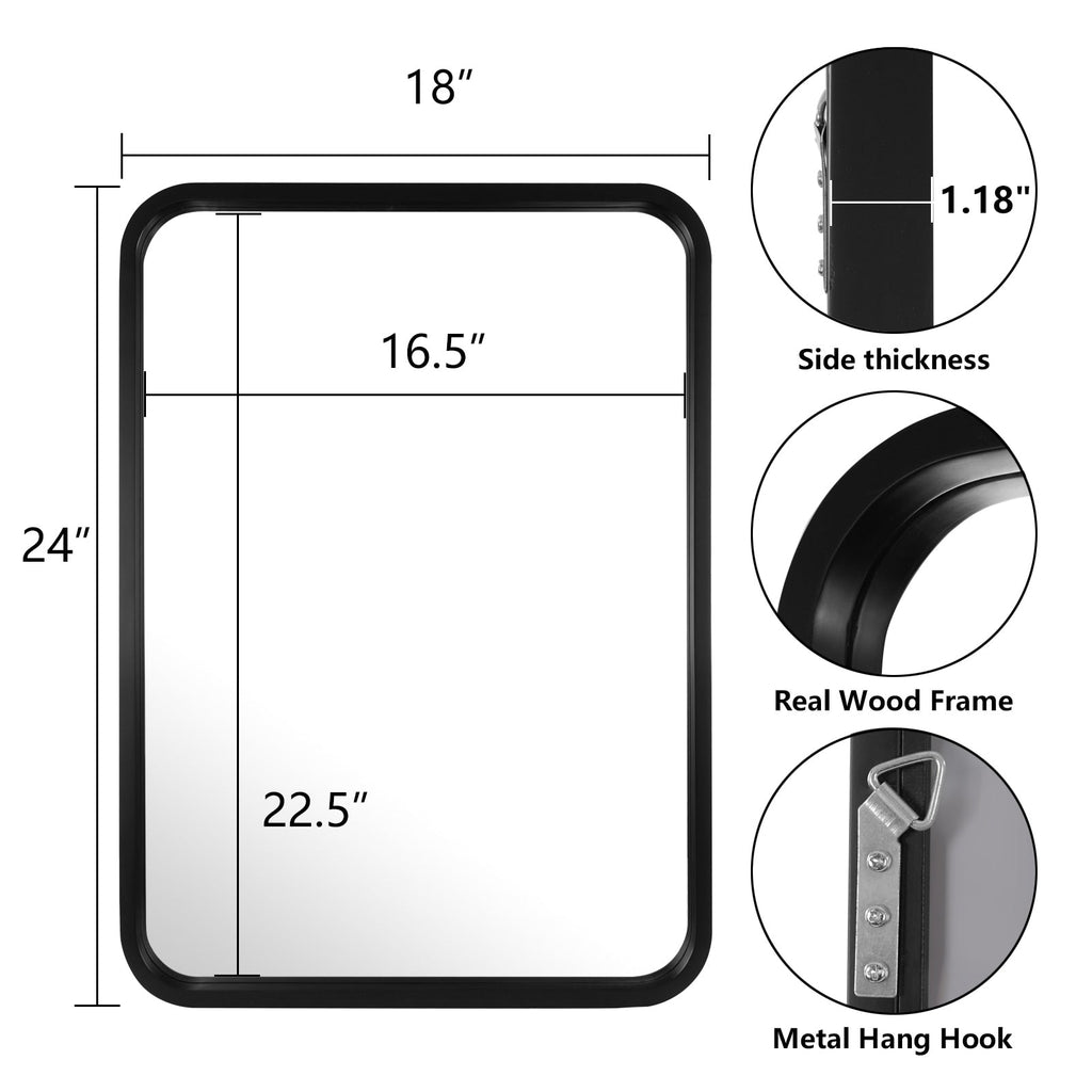 Miroir mural rectangulaire d'angle rond avec cadre en bois massif