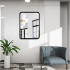 Miroir mural rectangulaire d'angle rond avec cadre en bois massif