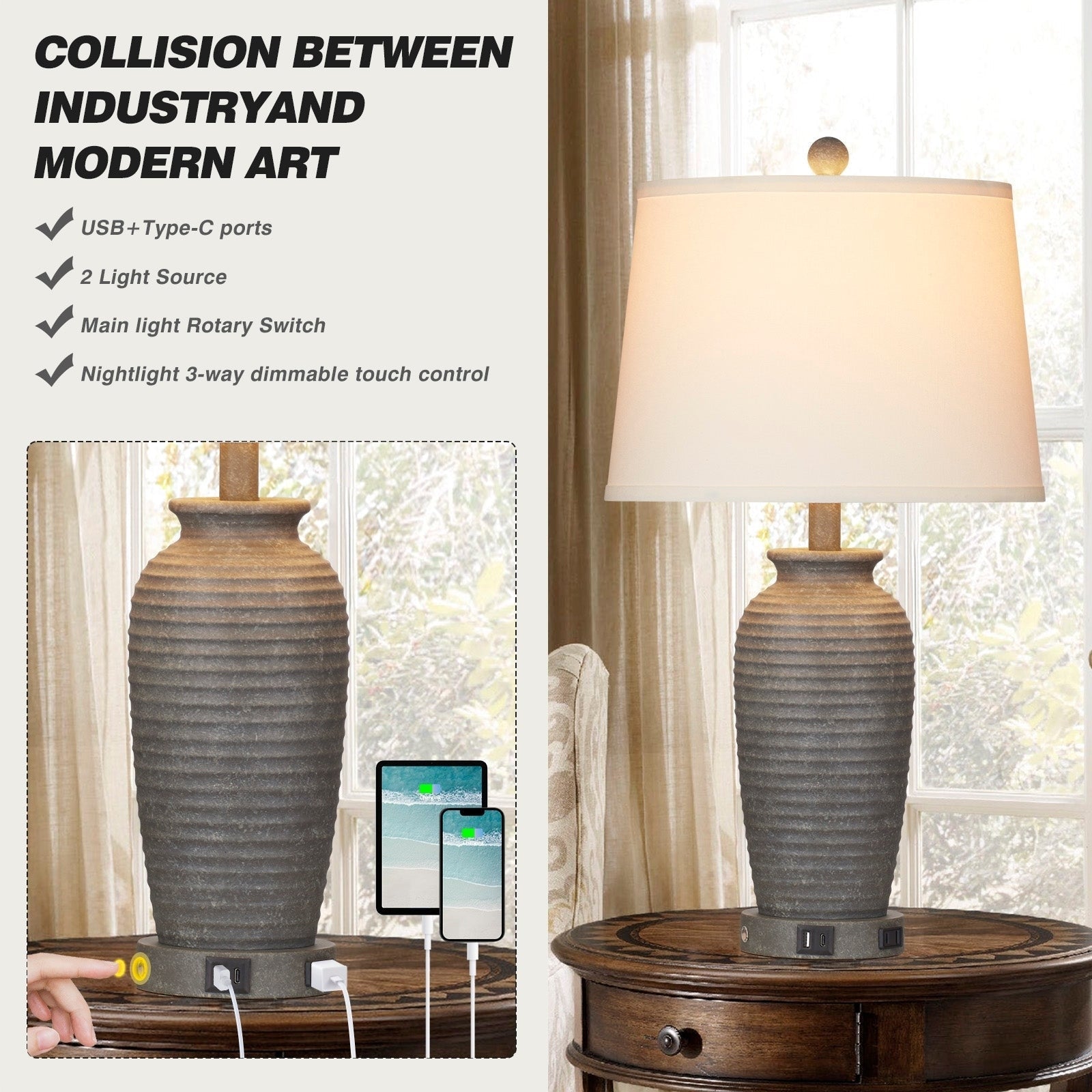 Lampes de table en résine grise avec variateur tactile à 3 positions, port de charge USB et prise secteur (lot de 2)