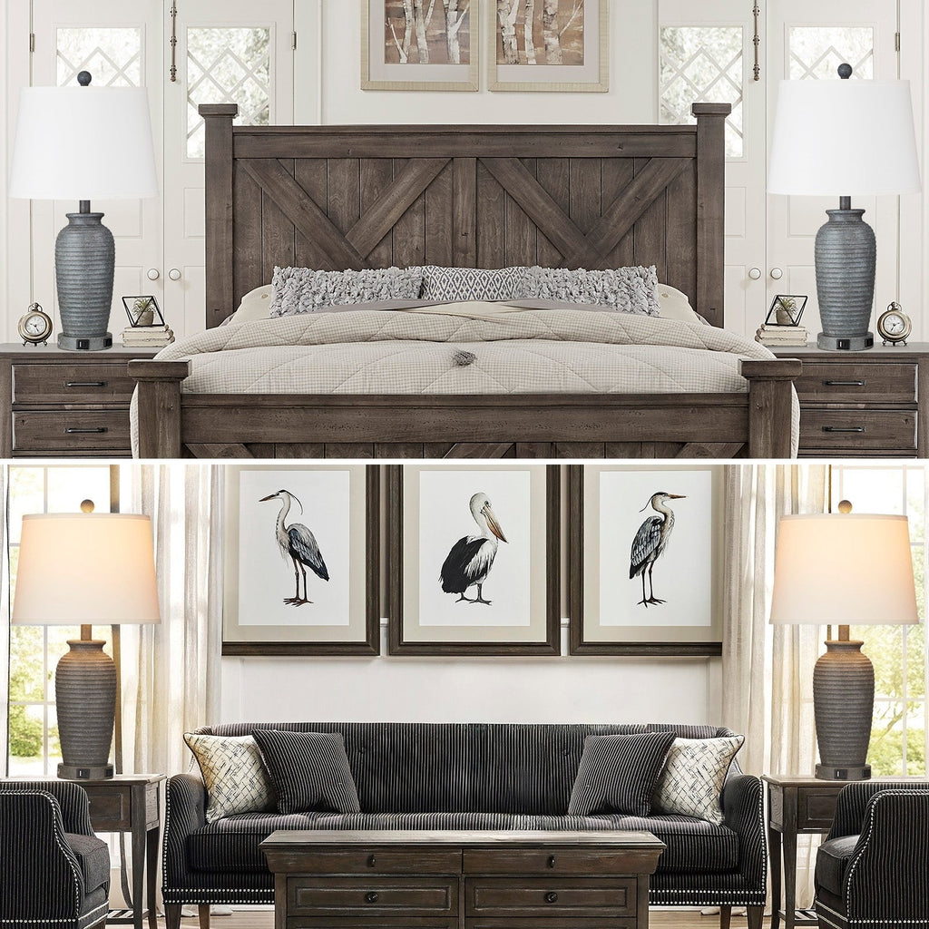 Lampes de table en résine grise avec variateur tactile à 3 positions, port de charge USB et prise secteur (lot de 2)