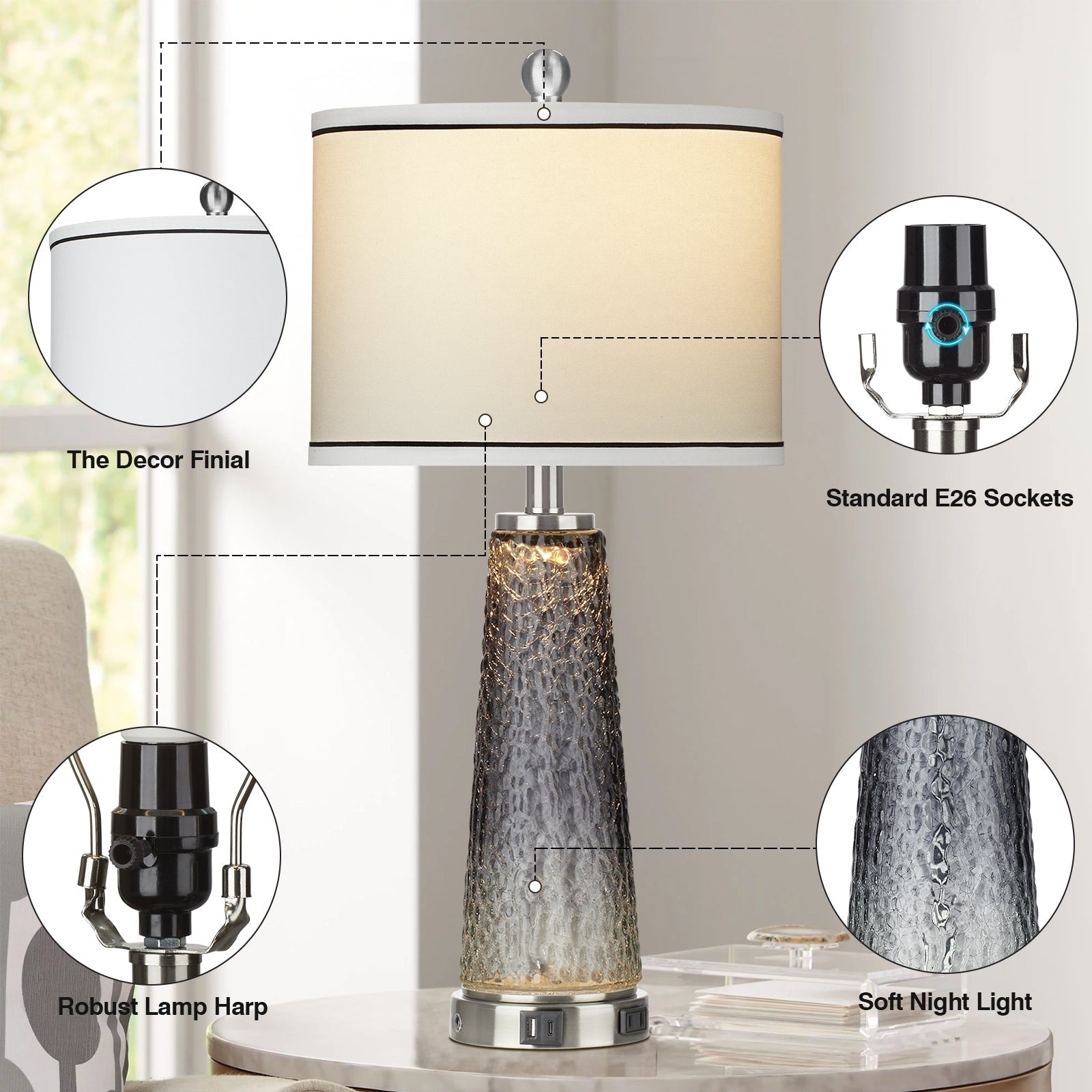 Lampes de table 2 en 1 en verre gris, avec ports de charge et interrupteur tactile à 2 voies (lot de 2) - 30,5 x 30,5 x 66 cm (L x l x H)