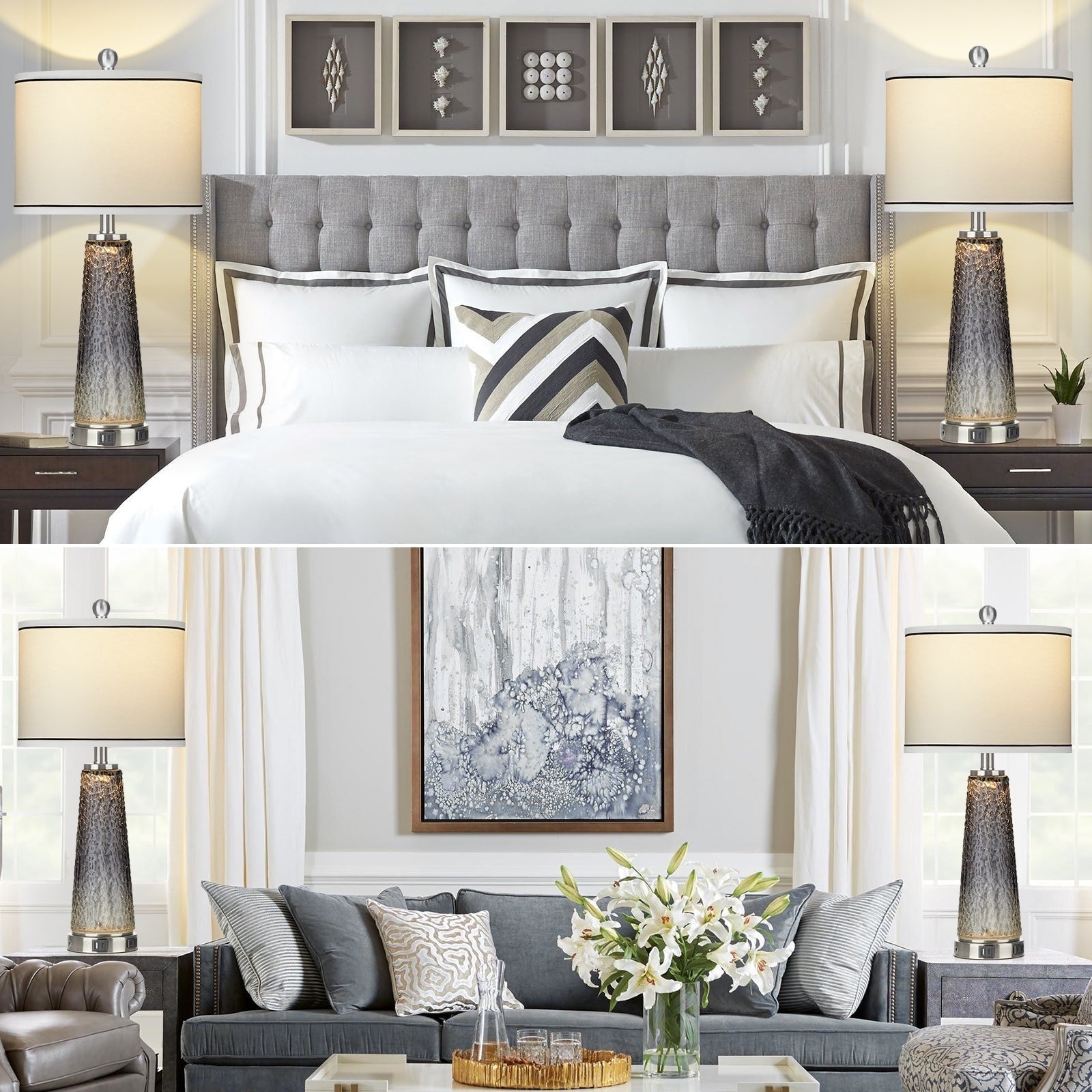 Lampes de table 2 en 1 en verre gris, avec ports de charge et interrupteur tactile à 2 voies (lot de 2) - 30,5 x 30,5 x 66 cm (L x l x H)