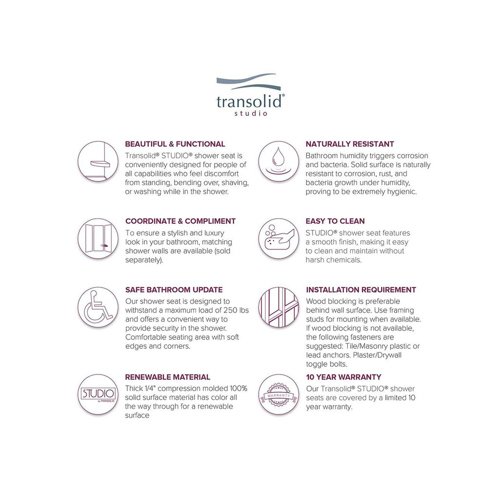 Siège de douche d'angle mural en surface solide Transolid Studio 14 po x 14 po - 14,5 x 14,25 x 3