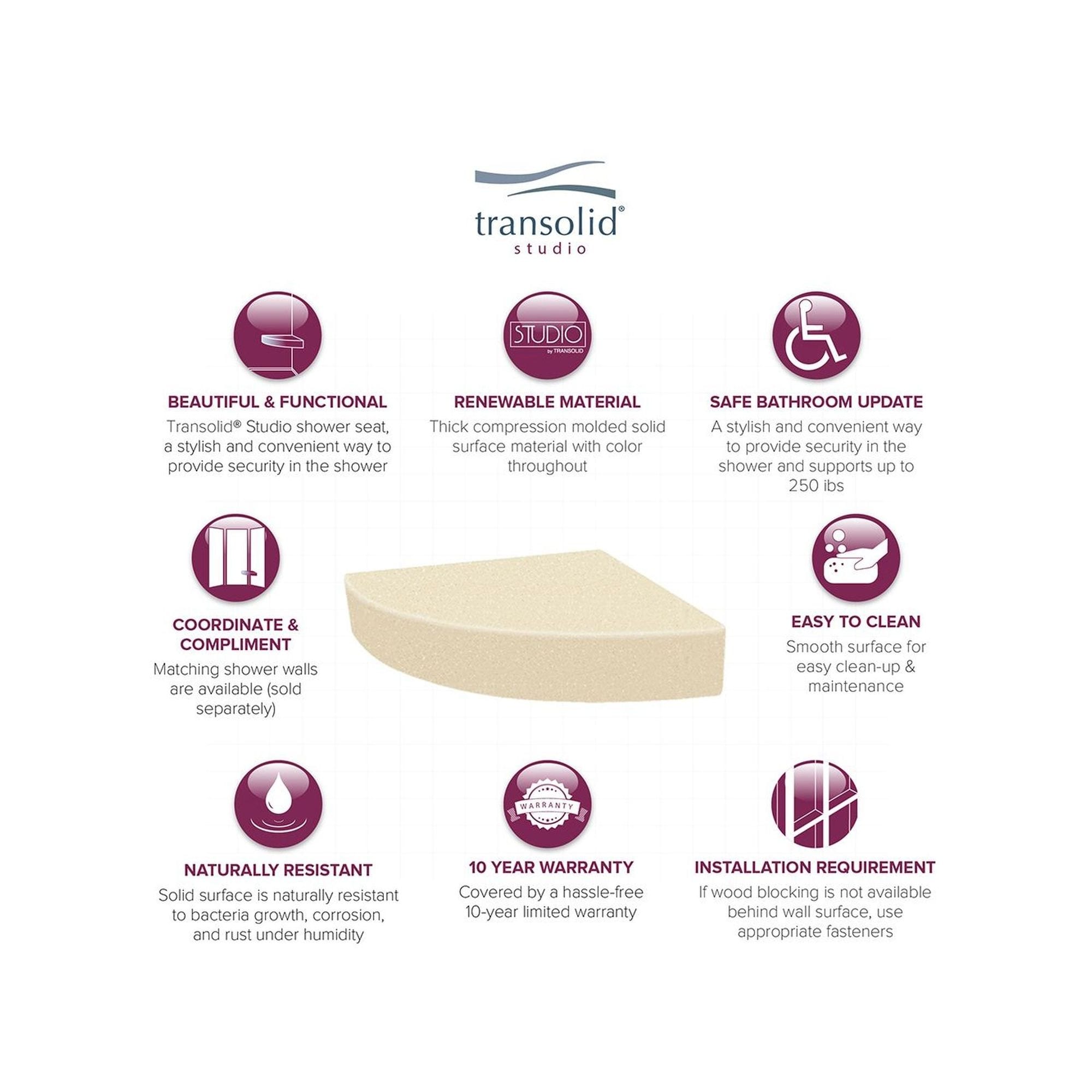 Siège de douche d'angle mural en surface solide Transolid Studio 14 po x 14 po - 14,5 x 14,25 x 3