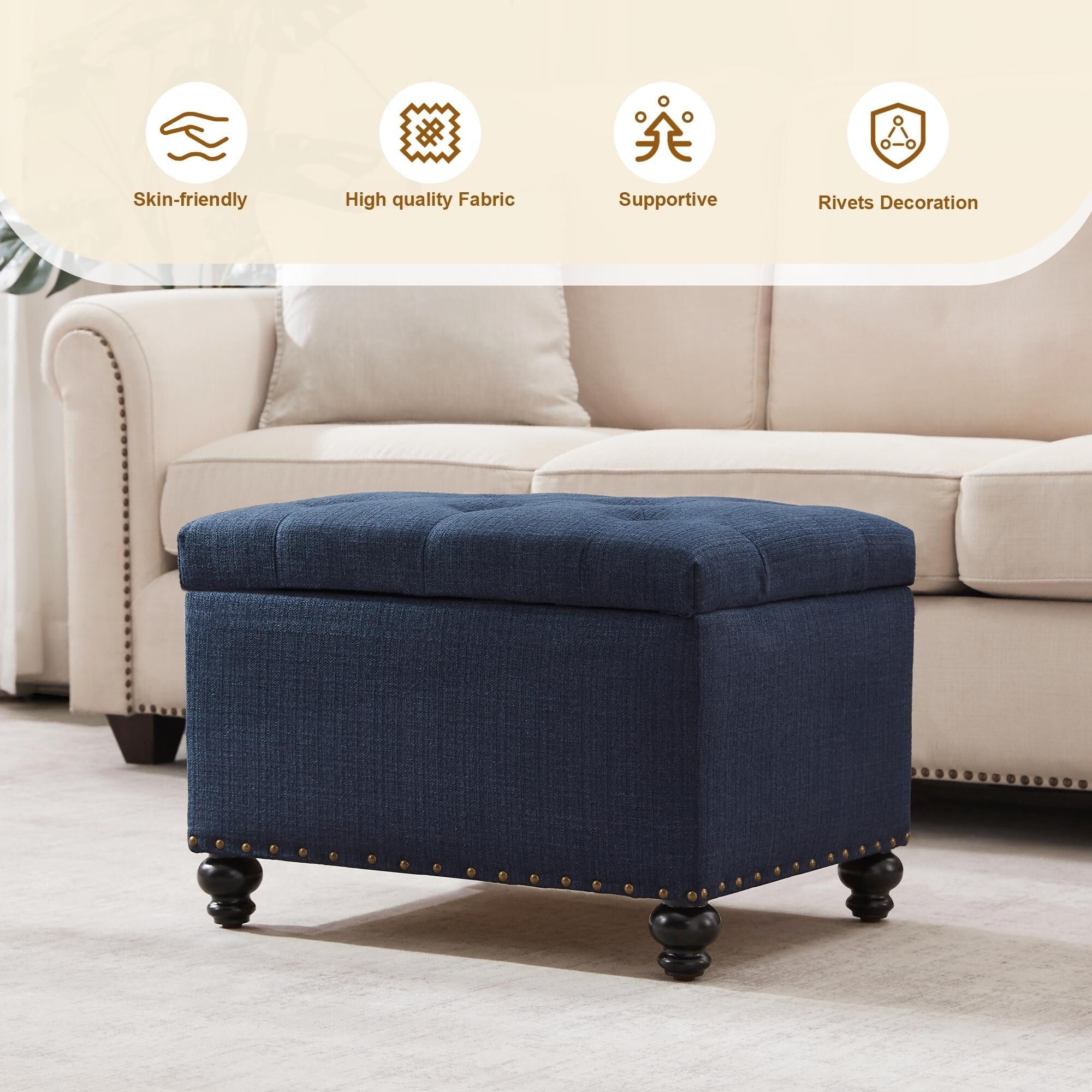 Banc ottoman de rangement capitonné, repose-pieds rectangulaire