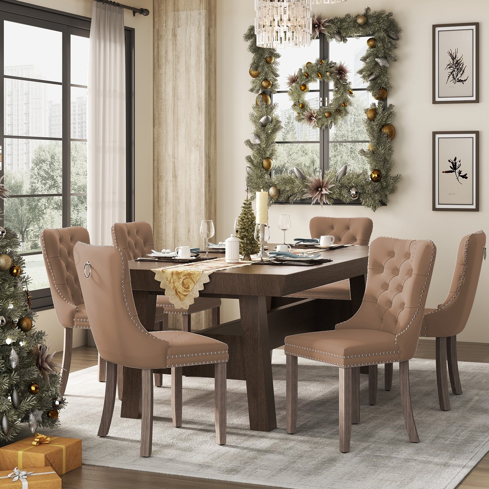 Chaise de salle à manger capitonnée en velours avec pieds en bois massif, lot de 6