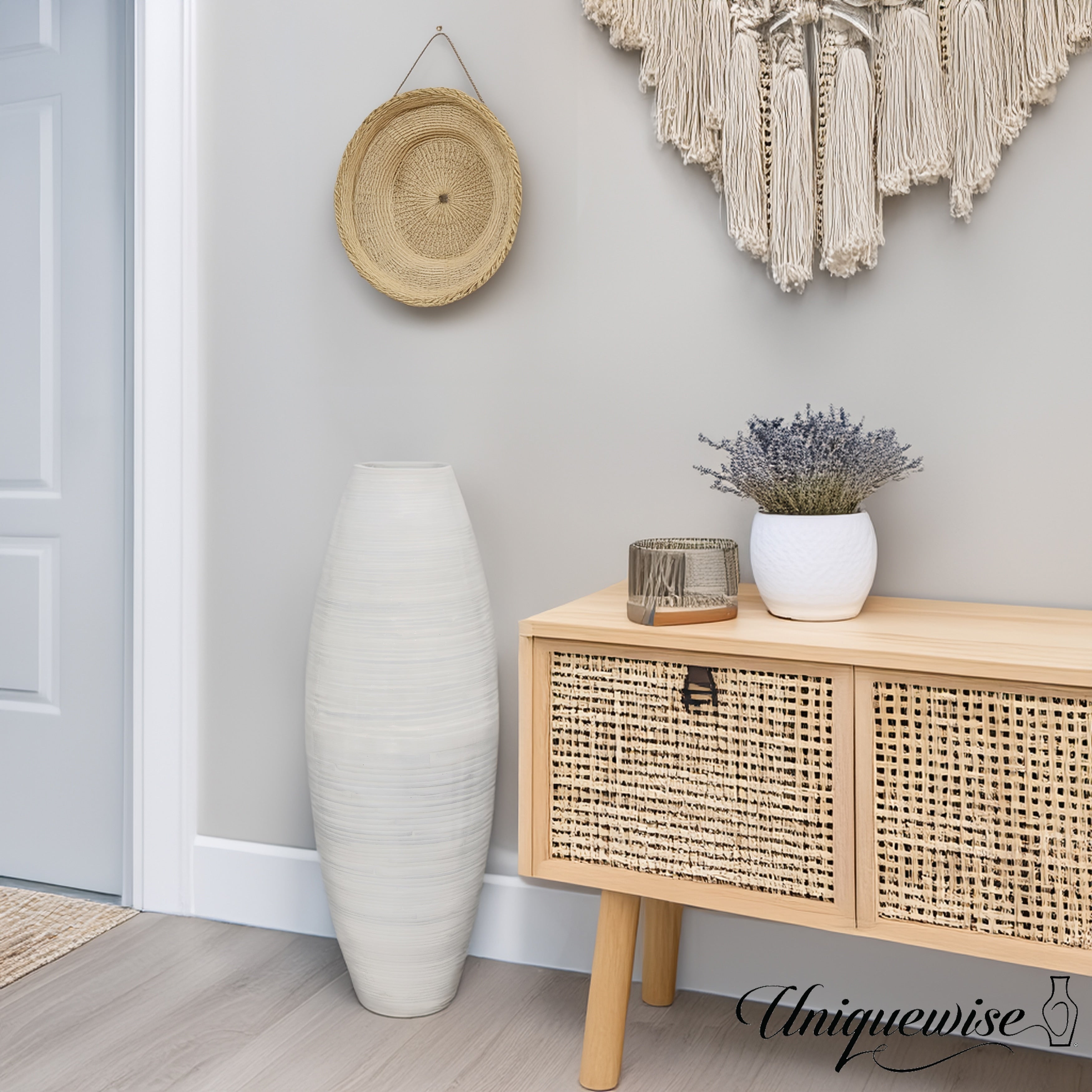 Vase de sol cylindrique en bambou de grande taille, décoratif pour halls d'hôtel et spas, idéal pour le salon ou le couloir.