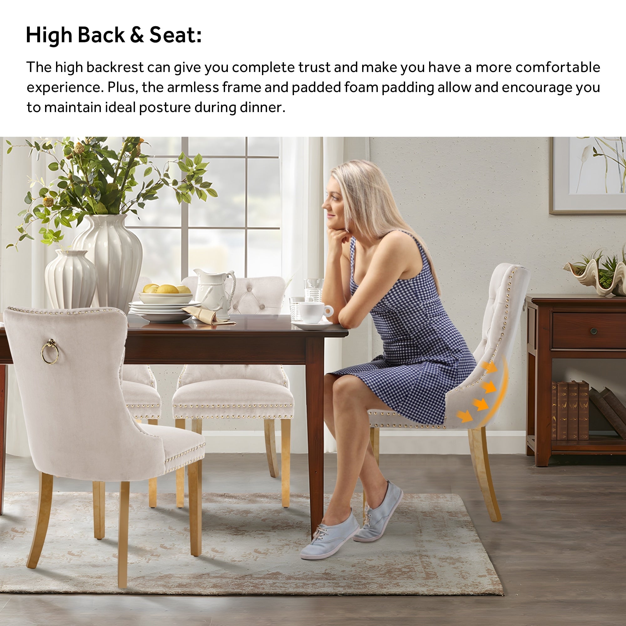 Chaise de salle à manger capitonnée en velours avec pieds en bois massif, lot de 6