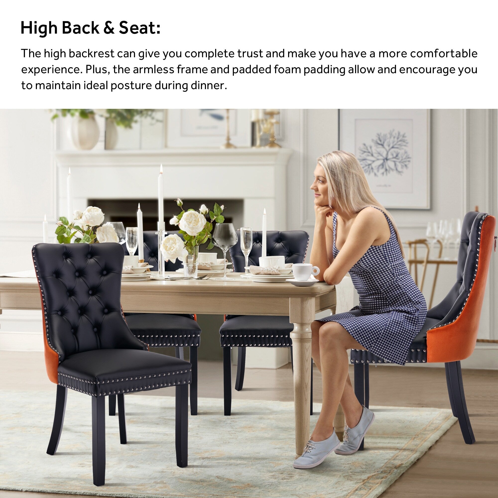 Chaise de salle à manger capitonnée en velours avec pieds en bois massif, lot de 6