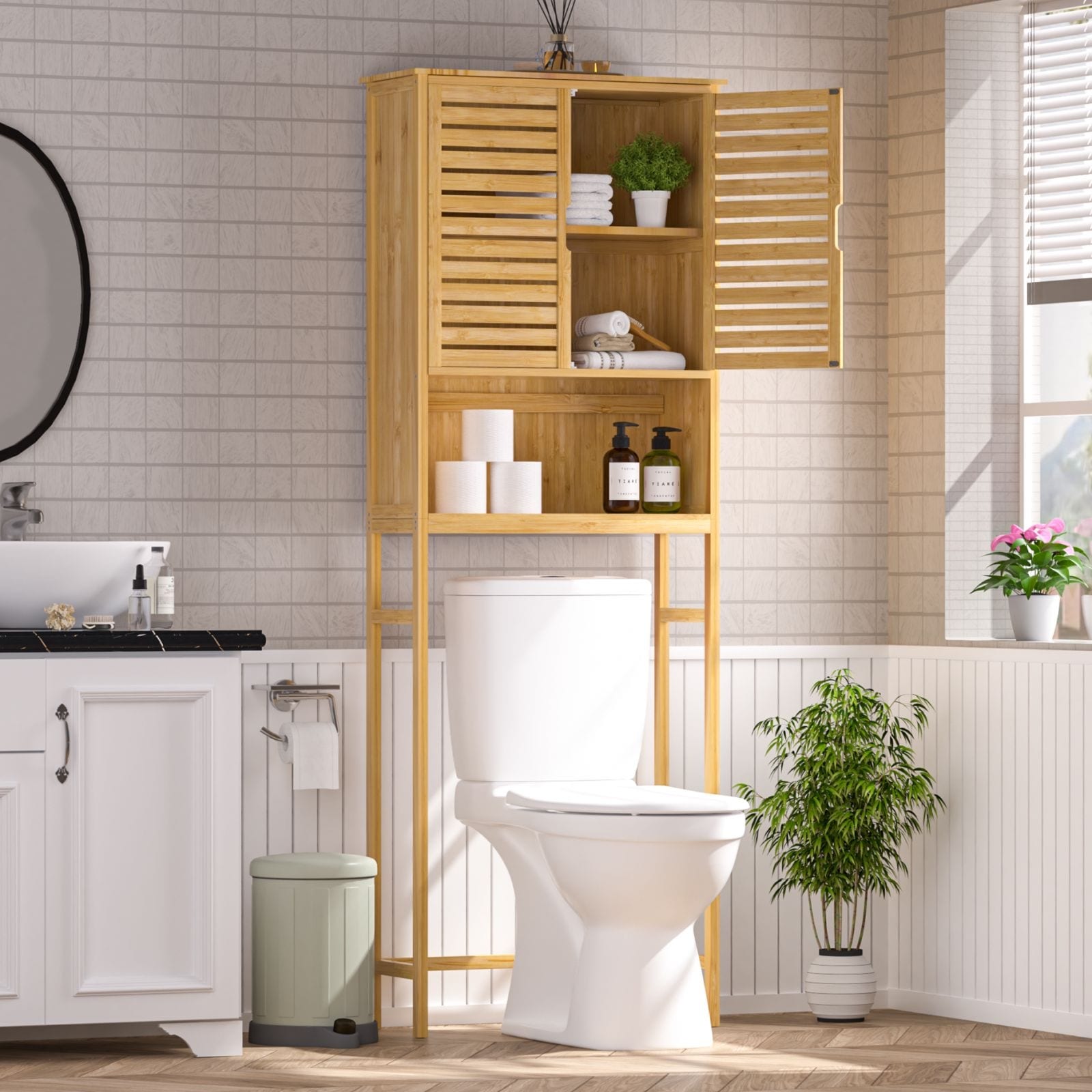 VEIKOUS Armoire de rangement en bambou au-dessus des toilettes, organiseur de salle de bain avec étagère réglable et portes doubles